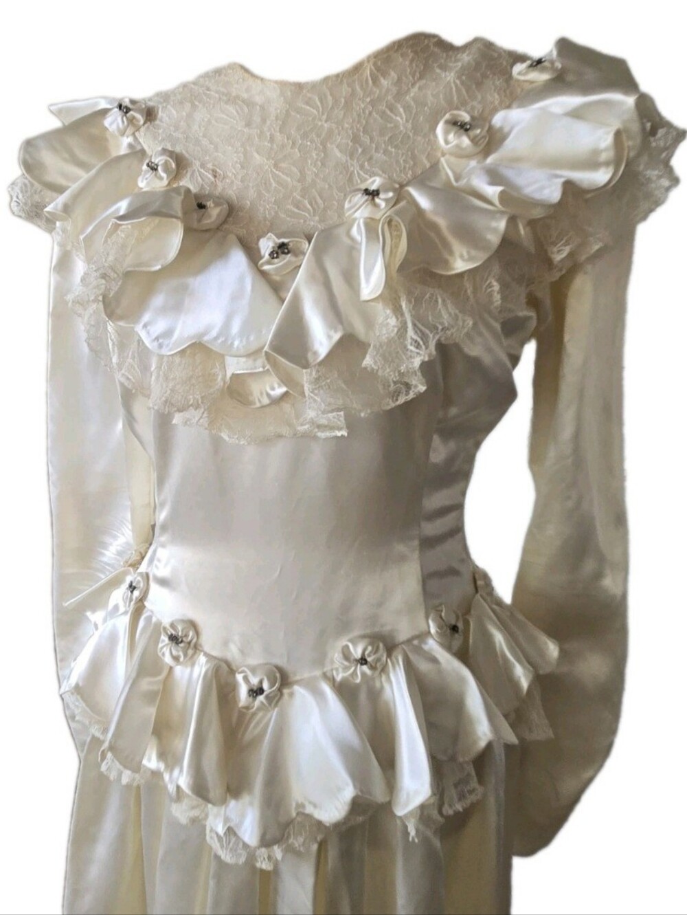 Vtg 80s Ivory Satin Wedding Gown, Romantic, Lace, Ruffle